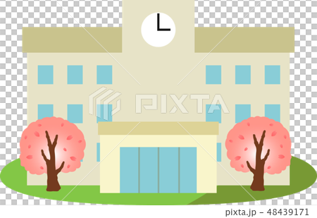 学校 校舎 春 桜 入学式 卒業式 イラストのイラスト素材