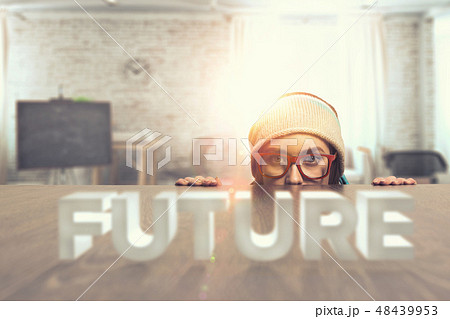 Hipster girl looking from under table 48439953
