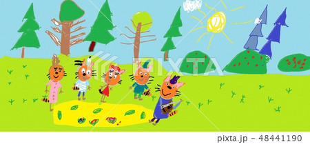 Children drawing, The child drew different animals and fictional characters. Made by a small child. Children drawing, The child drew different animals and fictional characters. Made by a small child. 48441190
