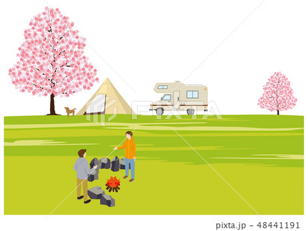 桜 春 キャンプ テント 犬 キャンピングカー おしゃれ たき火のイラスト素材