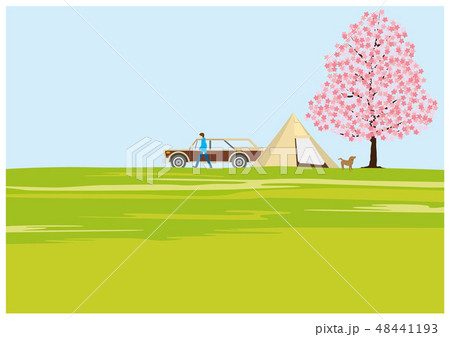 桜 春 キャンプ テント 犬 キャンピングカー おしゃれのイラスト素材