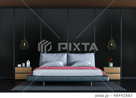 black interior bedroom with decorations. 48442883
