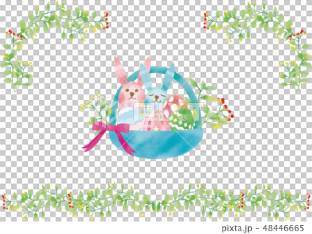Easter egg in watercolor basket + Easter rabbit and grass and surrounding frame (light green) 48446665