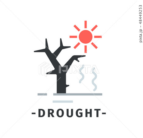 Drought disaster icon with hot red sun and dry tree. Ecological catastrophe. Dangerous situation Drought disaster icon with hot red sun and dry tree. Ecological catastrophe. Dangerous situation 48449253