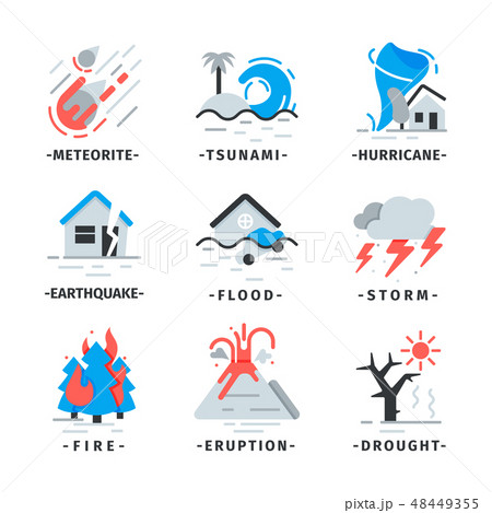 Flat vector set of natural disaster icons. Falling meteorite, hurricane, volcano eruption. Dangerous 48449355