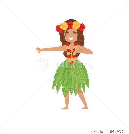Dancing girl in Hawaii traditional dress. Character in hula skirt, coconut bra and flower lei. Flat Dancing girl in Hawaii traditional dress. Character in hula skirt, coconut bra and flower lei. Flat 48449394