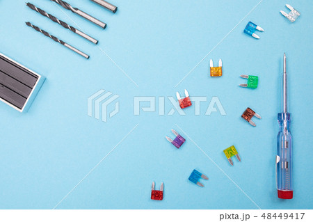 Set of electrical tool on colorful background 48449417