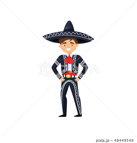 Boy in Mexican national suit. Kid wearing blue sombrero and costume with embroidery. Flat vector 48449549
