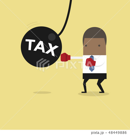 Businessman punching the big pendulum tax. Businessman punching the big pendulum tax. 48449886