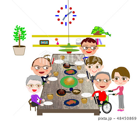 家族で食事　ダイニング　白バック 48450869