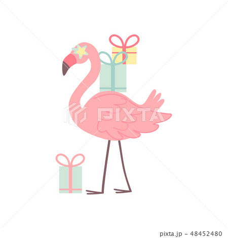 Cute Flamingo with Gift Boxes, Beautiful Exotic Bird Character Vector Illustration 48452480