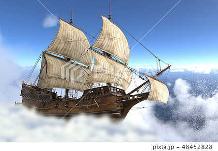 Sailboat Flying Above The Clouds 3d Illustrationのイラスト素材