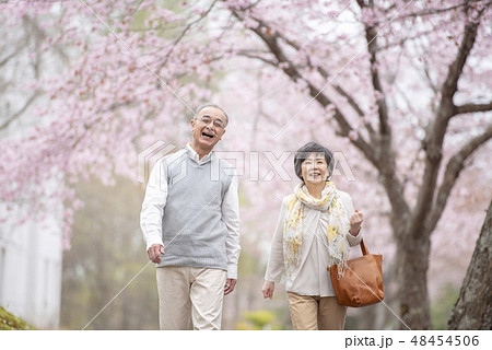 桜の中を歩くシニア夫婦 48454506