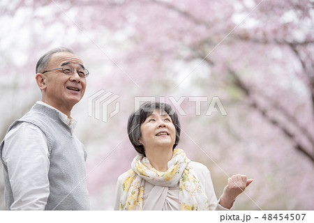 桜を見つめるシニア夫婦 桜を見つめるシニア夫婦 48454507
