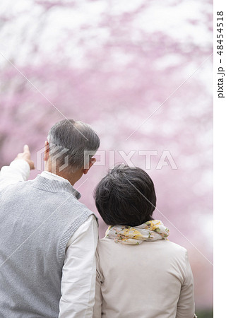 桜の前で指を差すシニア夫婦の後ろ姿 48454518