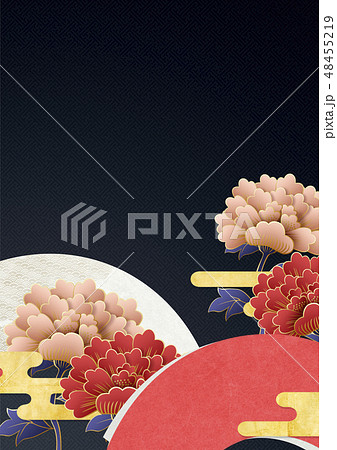 背景素材 ボード 和紙 牡丹 和柄 中華 扇 黒和紙のイラスト素材