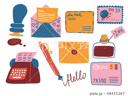 Retro Post Supplies Set, Mailbox, Letters,のイラスト素材 
