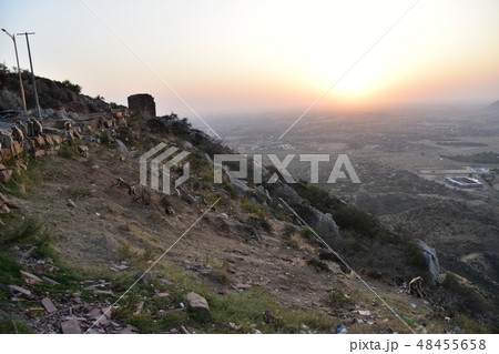 インドのラジャスタン州のプシュカル　山寺に集まるハマヌーン・ラングールの群れと美しい夕日 48455658