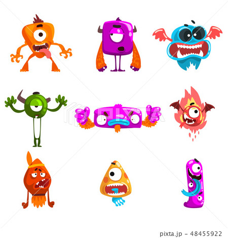 Funny cartoon monster with different emotions, colorful fabulous alien characters vector Funny cartoon monster with different emotions, colorful fabulous alien characters vector 48455922