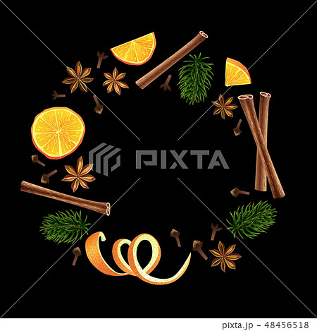 Wreath. Round garland of spices, orange and fir Wreath. Round garland of spices, orange and fir 48456518