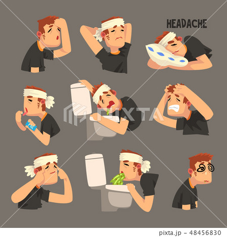 Sick man with a bandaged head, with a headache set, person suffering from headache, nausea, vomiting Sick man with a bandaged head, with a headache set, person suffering from headache, nausea, vomiting 48456830