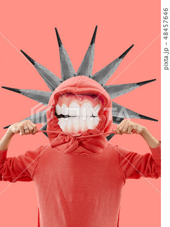 Collage in magazine style with happy emotions and female lips instead of head. 48457646