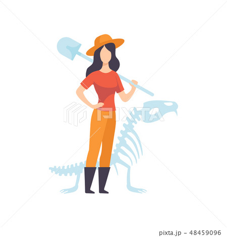Female Archaeologists or Paleontologist Character Standing with Shovel Vector Illustration 48459096