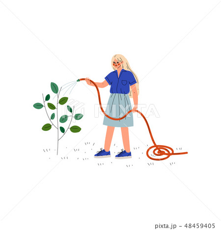 Girl Watering Plants with Hose, Young Woman Working in Garden or Farm Vector Illustration 48459405