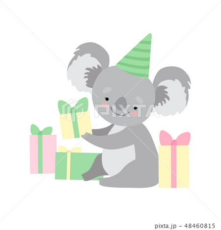 Cute Koala Bear Wearing Party Hat Sitting with Gift Boxes, Funny Grey Humanized Animal Character 48460815