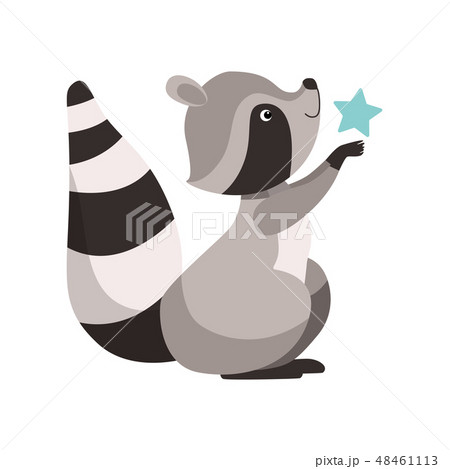 Cute Raccoon with Star, Funny Humanized Grey Coon Animal Character, Side View Vector Illustration 48461113