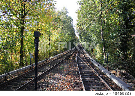 Railroad tracks tree line subway platform transpor Railroad tracks tree line subway platform transpor 48469833