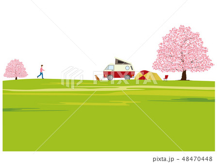 桜 春 キャンプ テント 犬 キャンピングカー おしゃれのイラスト素材