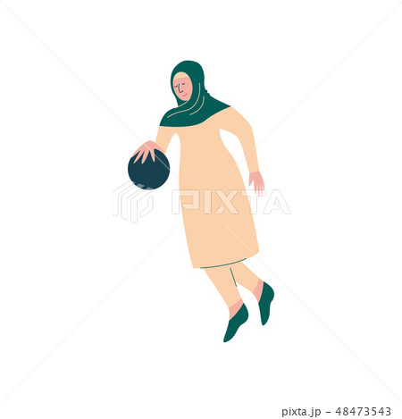 Muslim Woman in Hijab Playing with Ball, Arab Sportswoman Character in Traditional Clothing Vector Muslim Woman in Hijab Playing with Ball, Arab Sportswoman Character in Traditional Clothing Vector 48473543