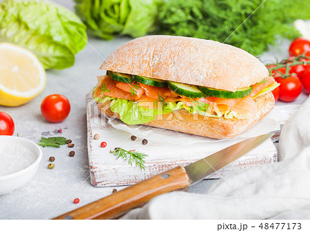 Fresh healthy salmon sandwich with lettuce  48477173