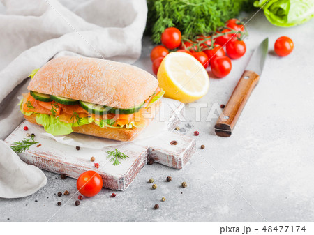 Fresh healthy salmon sandwich with lettuce Fresh healthy salmon sandwich with lettuce 48477174