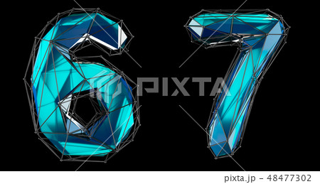 Number set 6, 7 made of realistic 3d render blue color. Collection of low polly style symbol 48477302