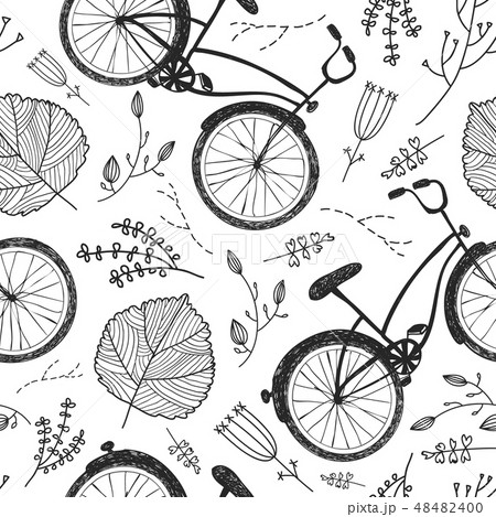 Vector bicycles, florals and leaves hand drawn seamless pattern. Vintage doodle style background. Vector bicycles, florals and leaves hand drawn seamless pattern. Vintage doodle style background. 48482400