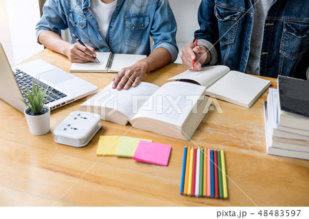 High school tutor or college student group sitting at desk in li 48483597