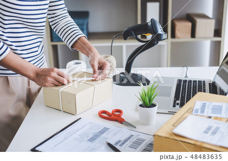 Small business owner delivery service and working packing box, b 48483635