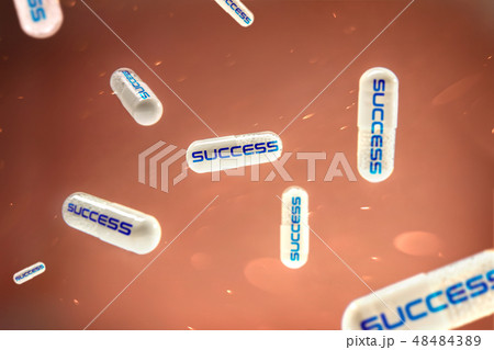 Pills with "success" sign on the red background 48484389