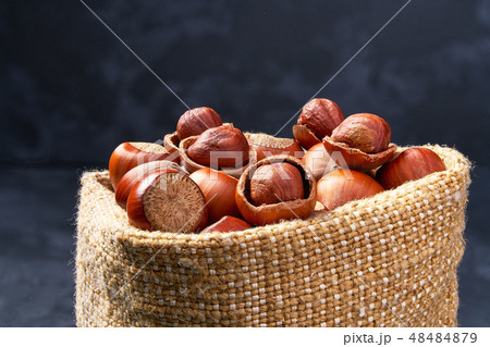Hazelnut in a bag close-up. Organic hazelnut. 48484879