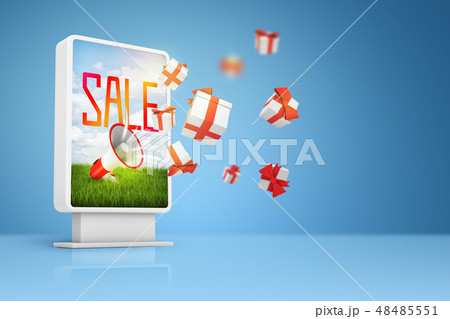 3d rendering of small billboard with megaphone, red 'SALE' sign and gift boxes flying out on blue 48485551