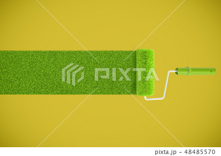 3d rendering of a paint roller leaving a trace of fresh green lawn grass on a yellow background. 48485570