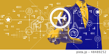 Airplane travel theme with businessman in duotone Airplane travel theme with businessman in duotone 48489252