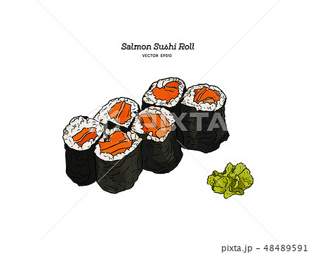 salmon sushi roll, hand draw vector. salmon sushi roll, hand draw vector. 48489591