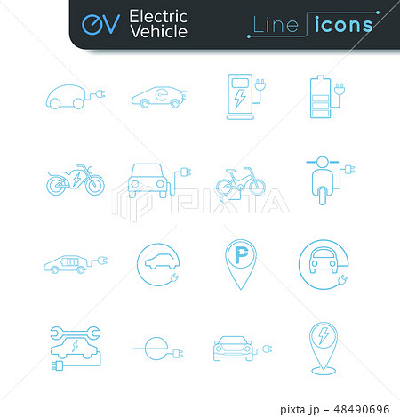 Electric vehicle line icon set black on white BG Electric vehicle line icon set black on white BG 48490696
