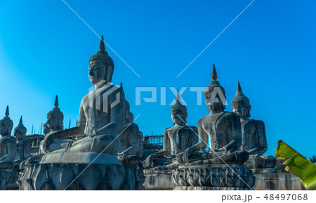 a lot of big Buddha statues in blue sky 48497068