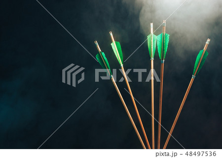 Five wood arrow. Beautiful smog background. Five wood arrow. Beautiful smog background. 48497536