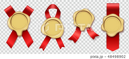 Gold wax. Red ribbons with original candle waxing rubber vintage document envelope seals royal mail 48498902