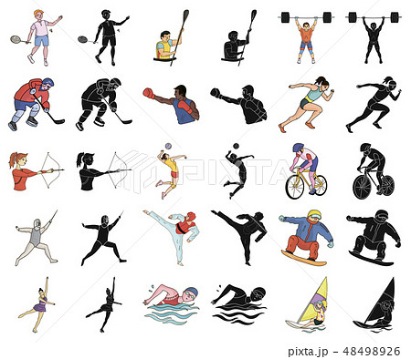 Different kinds of sports cartoon,black icons in set collection for design. Athlete, competitions Different kinds of sports cartoon,black icons in set collection for design. Athlete, competitions 48498926